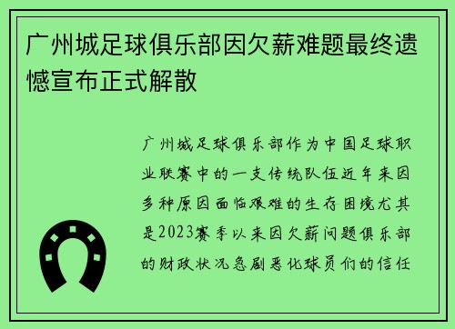 广州城足球俱乐部因欠薪难题最终遗憾宣布正式解散